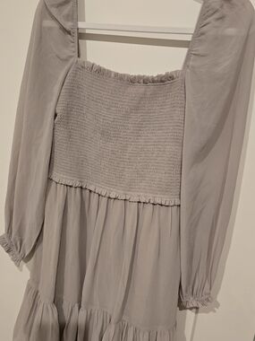 RD Style Long Sleeve Smocked Bodice Tiered Maxi Dress in Light Gray